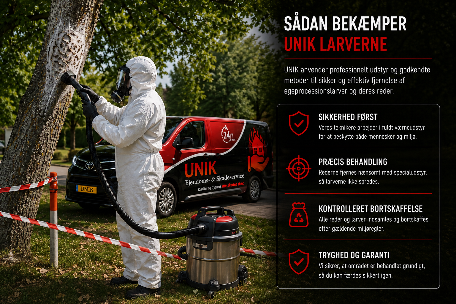 Medarbejder fra UNIK Ejendoms- & Skadeservice bekæmper egeprocessionslarver med professionelt sikkerhedsudstyr og specialudstyr til sikker fjernelse af reder i et egetræ.