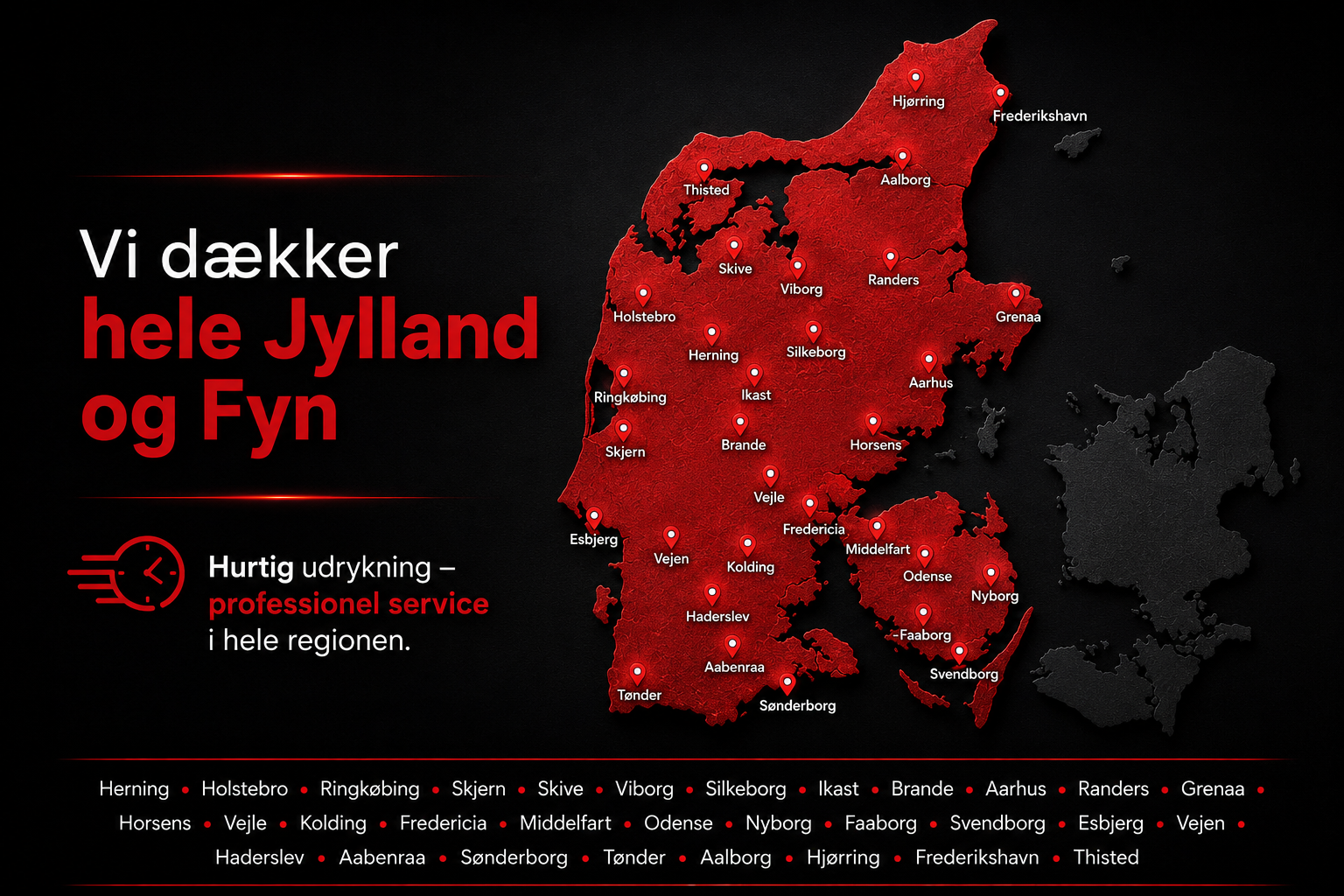 Danmarkskort med Jylland og Fyn markeret, hvor UNIK Ejendoms- & Skadeservice tilbyder professionel bekæmpelse af egeprocessionslarver i hele regionen.